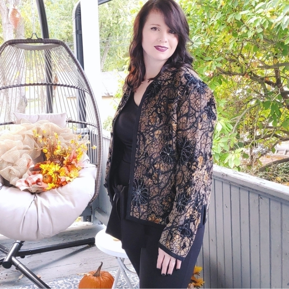 Vintage Embroidered Metallic Lace Blazer Jacket Boho Festival Medium - Picture 6 of 8